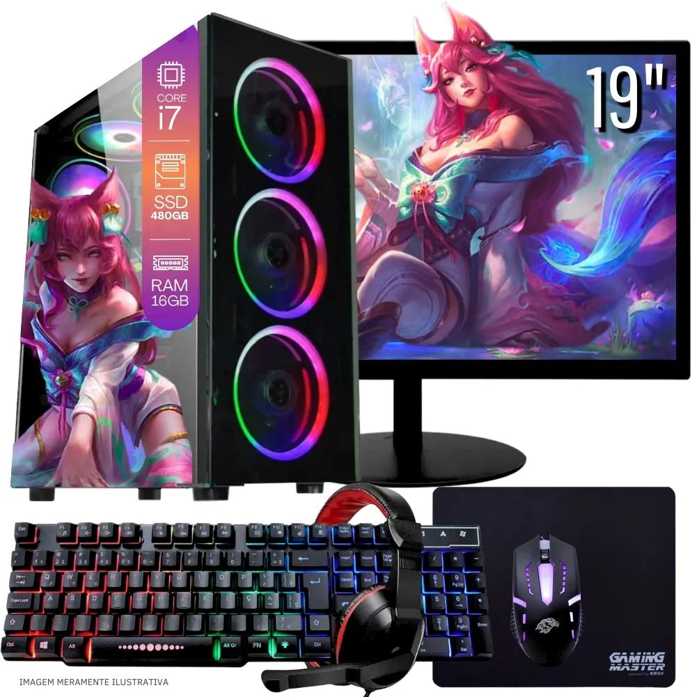 Computador PC Gamer Completo TOB Intel Core i7 SSD 480GB 16GB Teclado Mouse Mouse Pad e Headset Gamer Monitor 19" Windows 10 Pro Trial - Imagem 2